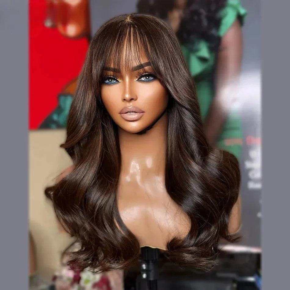 Resaltar Rubio degradado cuerpo onda peluca con malla Frontal con flequillo 13x4 HD peluca Frontal de encaje para mujeres sintético de alta calidad uso diario