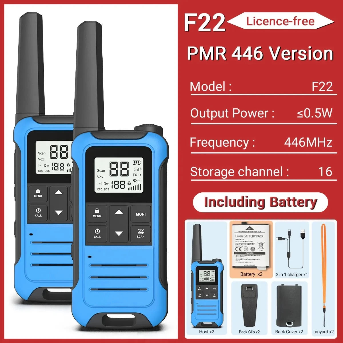 2PCS Baofeng F22 PMR 446MHz Mini Walkie Talkie Impermeable Tipo-C Sin Licencia NOAA Linterna Radio Bidireccional Portátil para Caza