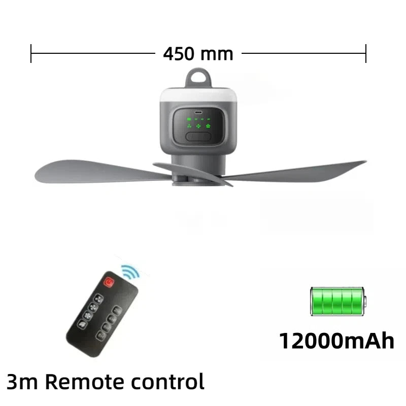 Ventilador de techo de gran tamaño con Control remoto, ventilador de refrigeración inalámbrico USB, luz LED nocturna portátil de 12000\8000mAh, ventilador de techo para acampar