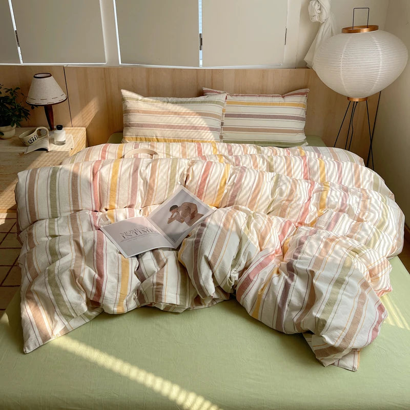 Juego de cama suave de algodón 100%, funda nórdica con estampado de rayas y funda de almohada, ropa de cama, colcha, fundas de almohada, juegos de edredón