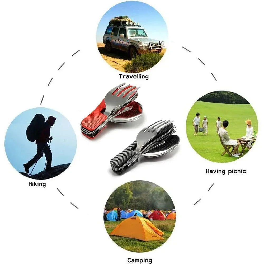 Juego de utensilios de camping plegables 4 en 1, cuchillo multifuncional, tenedor, cuchara, abridor de botellas para supervivencia al aire libre, deportes, camping y senderismo.