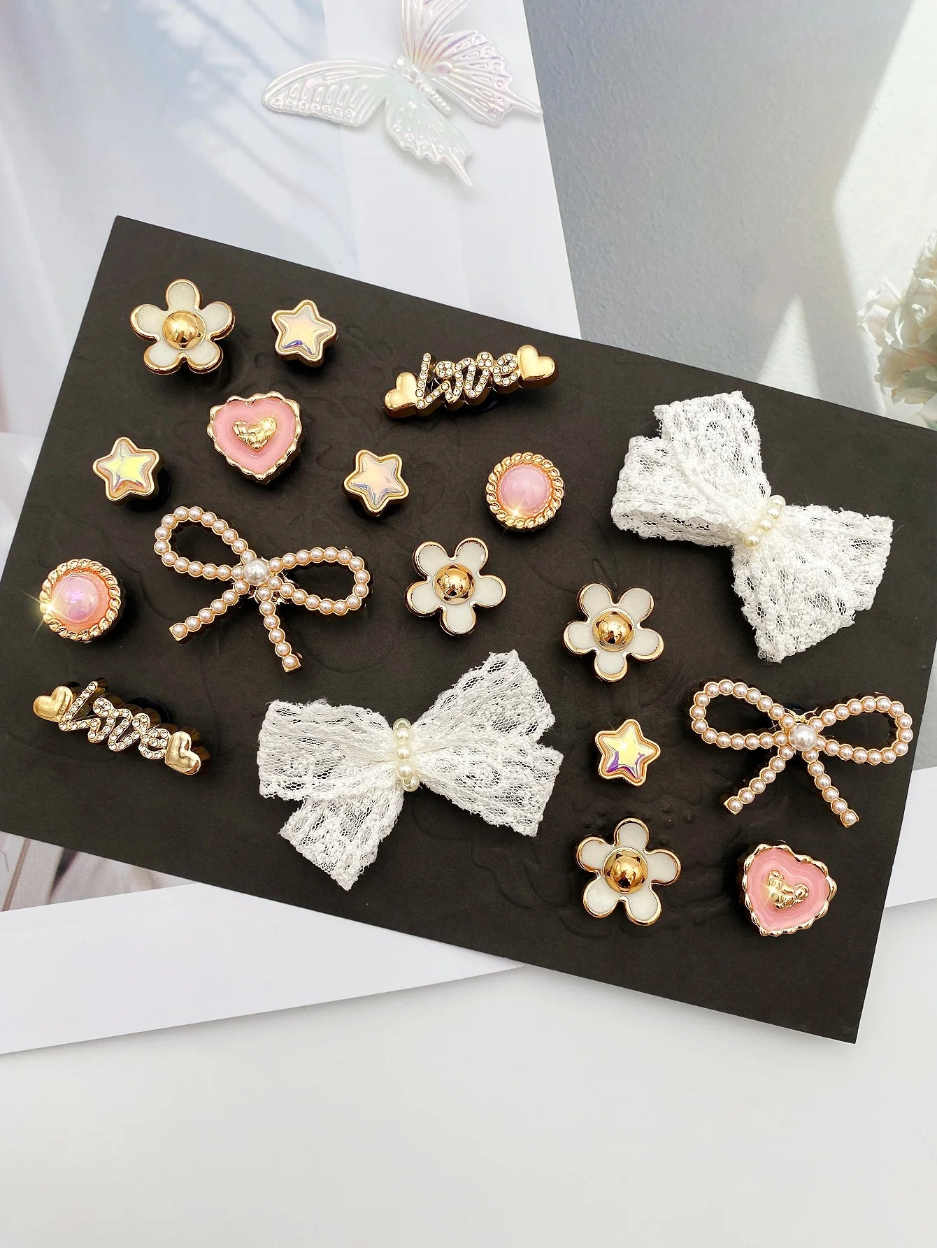 18 piezas de lazo de perlas ABS blanco, perla ABS redonda rosa, amor, flores blancas, pentáculo, botón de amor con letras, decoración DIY, suitab