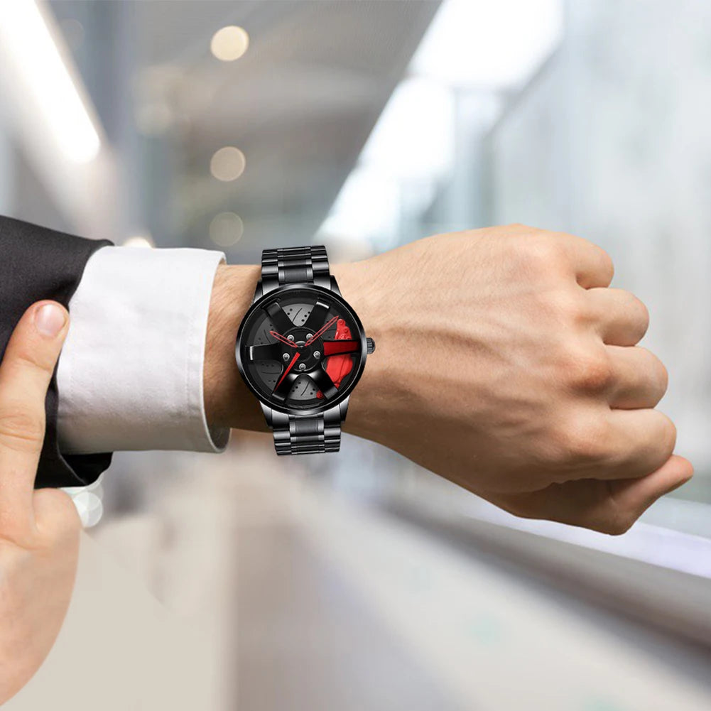 Reloj de pulsera de cuarzo para hombre, de acero inoxidable, a la moda, con esfera deportiva, llanta de coche, cubo de rueda, relojes de pulsera de lujo para negocios