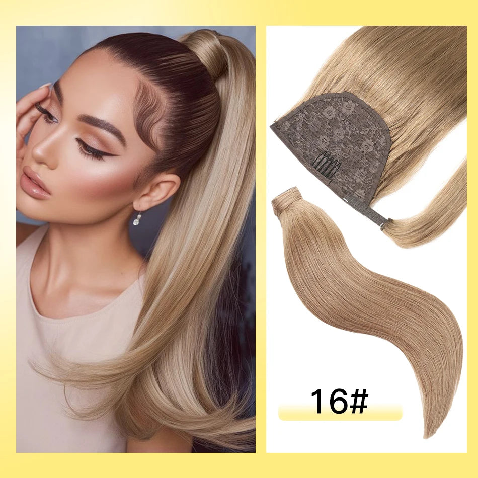 Cola de Caballo de cabello humano Yelo, Clip envolvente en pieza de cabello, extensión de cola de caballo, cabello humano liso con pasta mágica