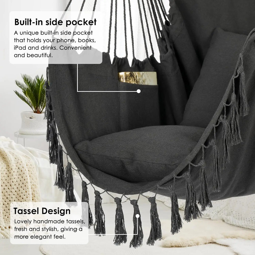 Silla Colgante de Macramé con 2 Almohadas |   Columpio de Cuerda de Algodón con Capacidad para 500 lb |   Diseño de bolsillo para uso en interiores/exteriores