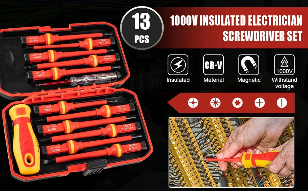 Juego de 10 Destornilladores Aislados VDE 500V, con Puntas Magnéticas Intercambiables y Estuche, para Electricistas Profesionales y Domésticos