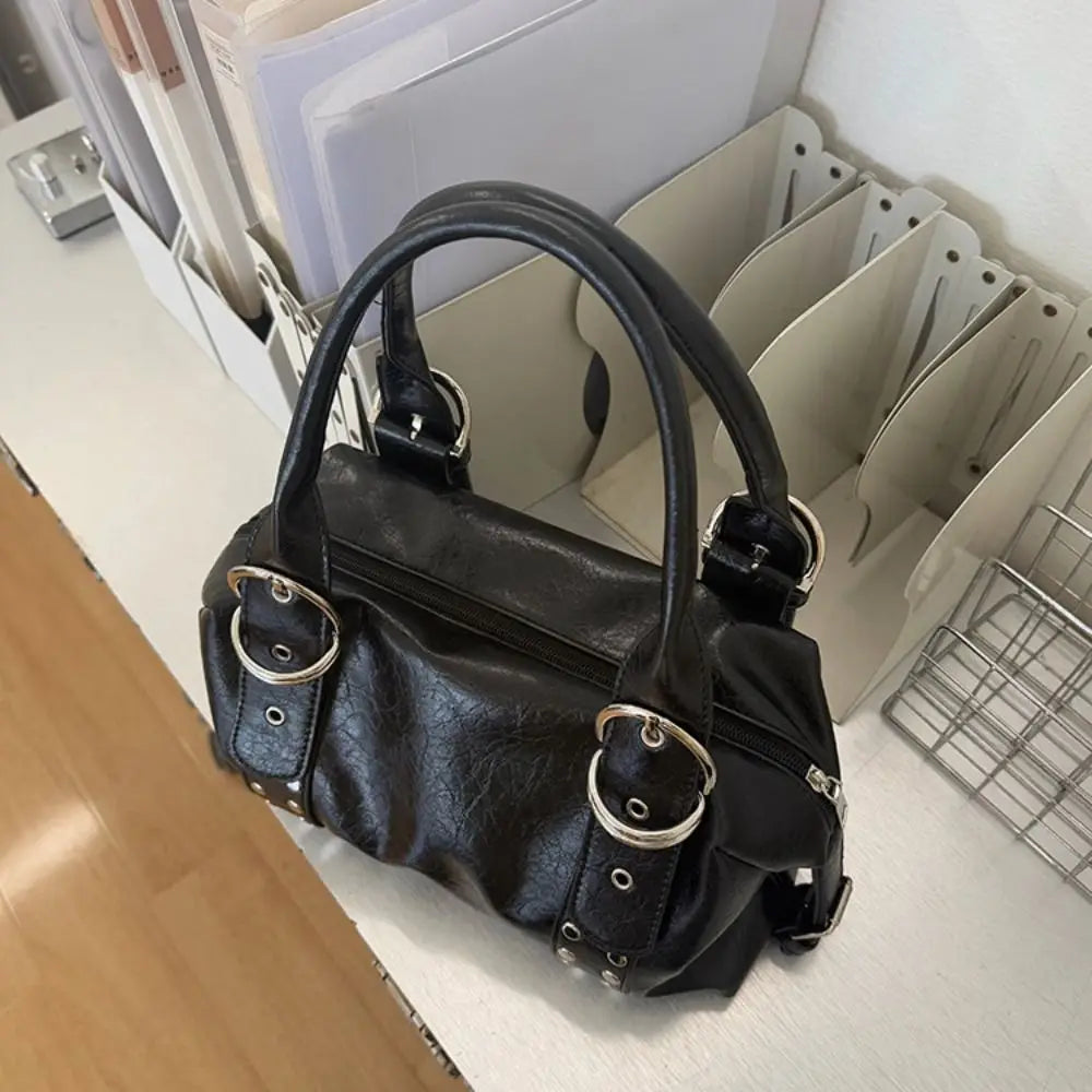 Bolso de Hombro Retro Y2K Simple con Remaches, Bolso de Motocicleta de Cuero PU Estilo Spicy Girl, Bolso Tote de Moda Coreana para Chicas