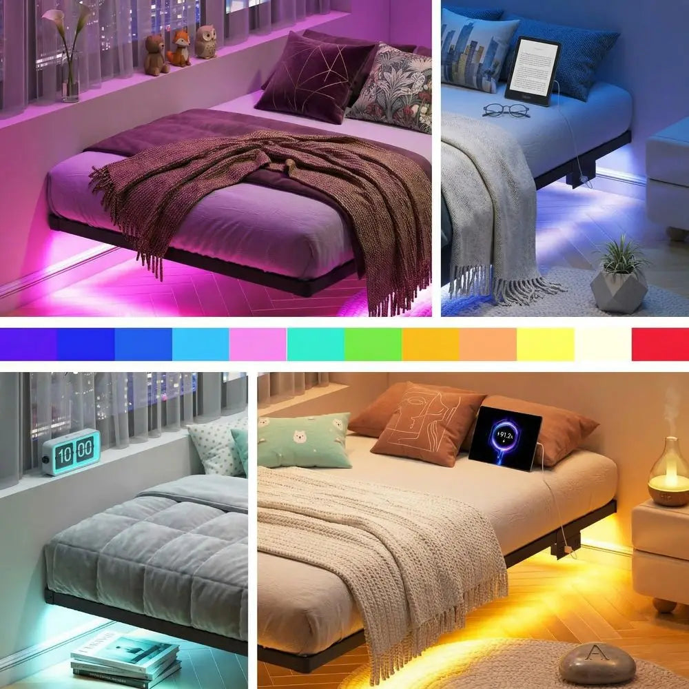 Cama Individual Flotante, Plataforma Metálica Resistente de 1500 lb con Luz LED y Estación de Carga, con Láminas de Acero de Alta Resistencia