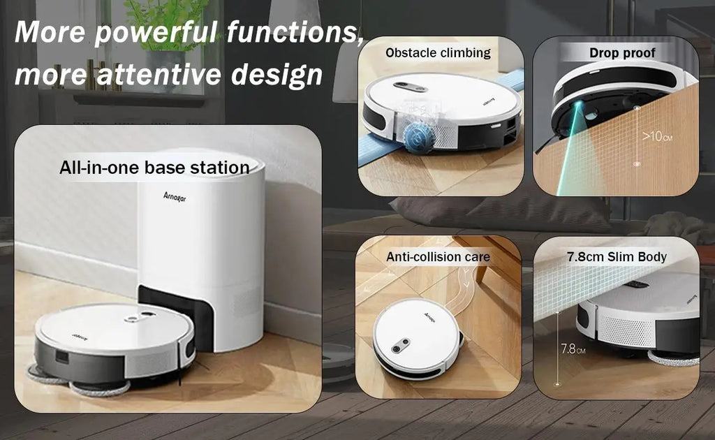 Robot Aspirador Arnagar S10 con Autovaciado, Recolección de Polvo, Función de Fregado, 12000Pa, 5200mAh, Bajo Ruido, Control por APP para Limpieza del Hogar