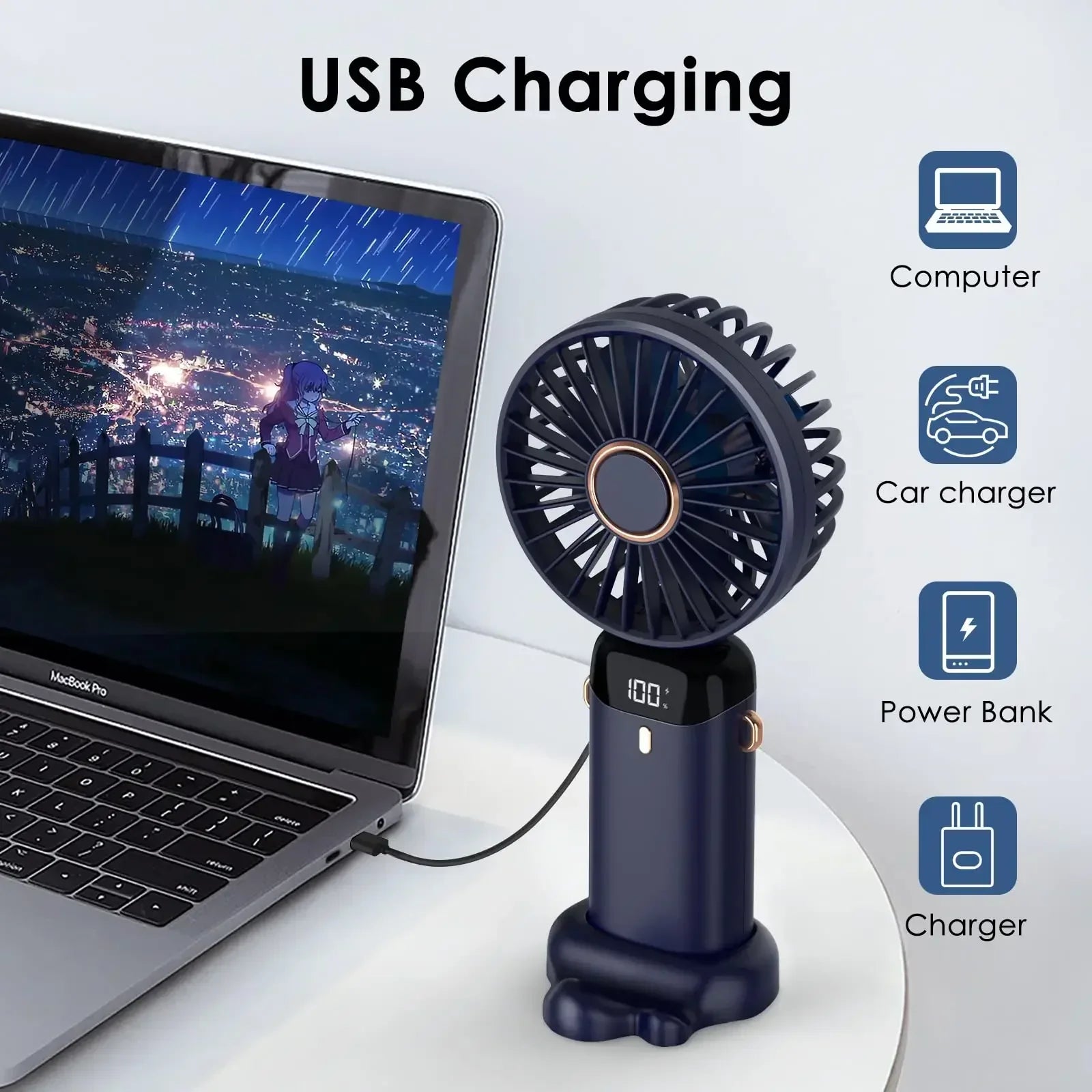 Mini ventilador de mano de 5000mAh, inalámbrico, recargable por USB, portátil, pantalla Digital, soporte para teléfono, ventilador plegable de 5 velocidades para colgar en el cuello
