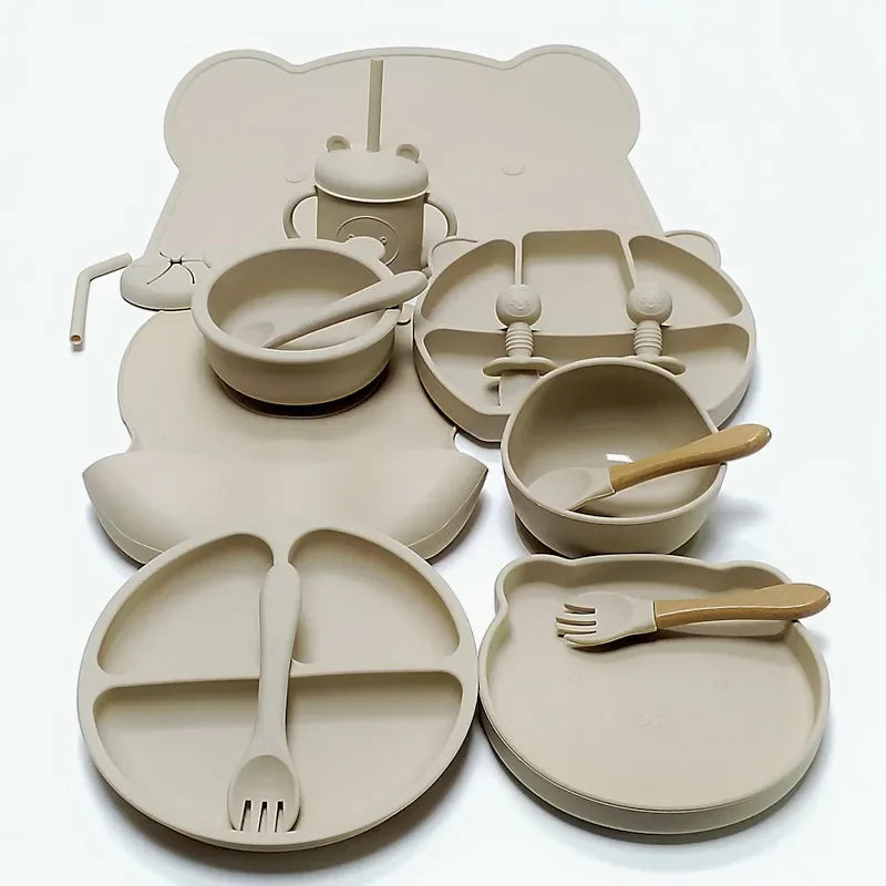 Juego de vajilla de silicona para niños, 16 piezas, taza de succión adicional, tazón, cuchara, madre y bebé