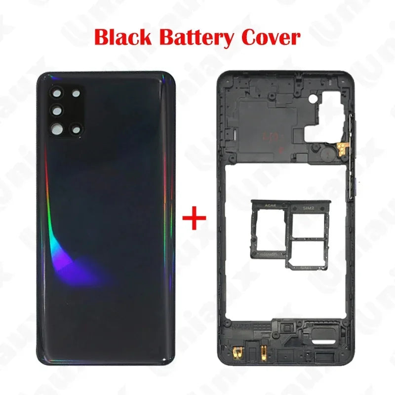 Para Samsung Galaxy A31 A315F A315G A315N A315 carcasa completa marco medio A31 cubierta trasera de batería puerta trasera con reemplazo adhesivo