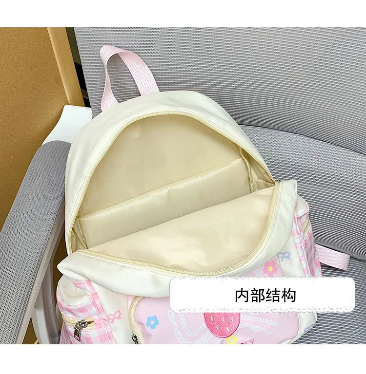 Mochila escolar ligera de nailon a cuadros para niña, bonita mochila impermeable con bordado de fresa Kawaii para ir al trabajo