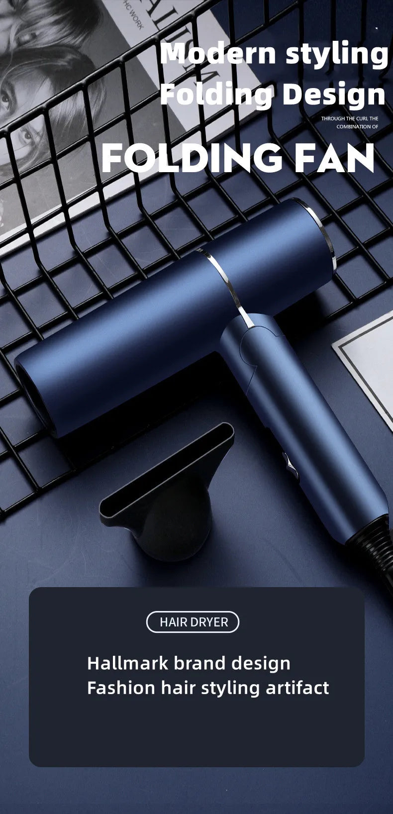 Nuevo Secador de Pelo Plegable con Luz Azul, Iones Negativos, Cuidado del Cabello, 1200W de Alta Potencia, Secado Rápido, para Hogar, Dormitorio Estudiantil y Viajes