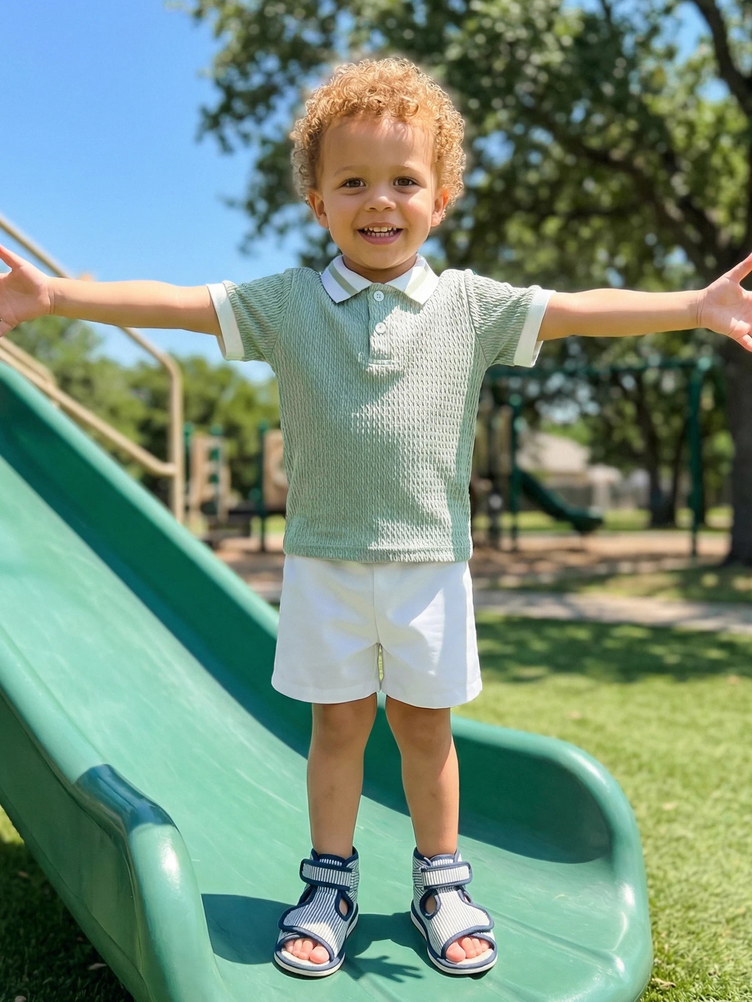 Conjunto de pantalones cortos para bebé niño, camisa de punto con cuello y manga corta y pantalones cortos, conjunto de verano de 2 piezas
