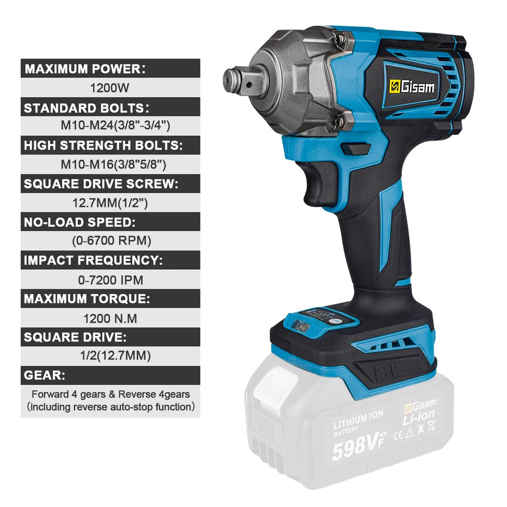 Llave de impacto eléctrica sin escobillas, destornillador inalámbrico de 1/2 pulgadas, herramientas eléctricas sin batería para batería Makita de 18V, 1200n. M