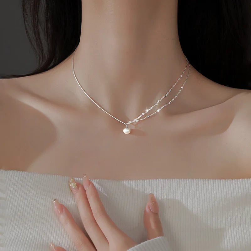 Collar de perlas de doble capa de Plata de Ley 925 con temperamento brillante, collar de cadena asimétrico, joyería de moda ﻿