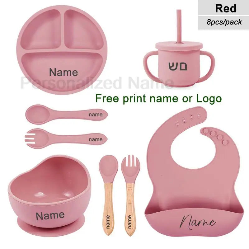 Juego de alimentación de silicona para bebé, plato de comedor redondo, cuenco con ventosa, platos para niños, vajilla con nombre personalizado, taza de paja, 8 Uds.