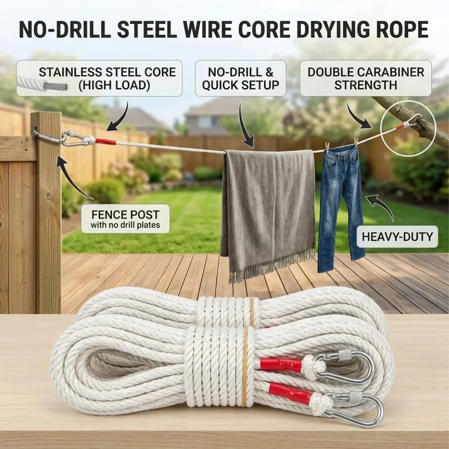 Cuerda de lavandería portátil a prueba de viento con núcleo de alambre de acero para secar ropa, ideal para camping y viajes al aire libre, con doble mosquetón.