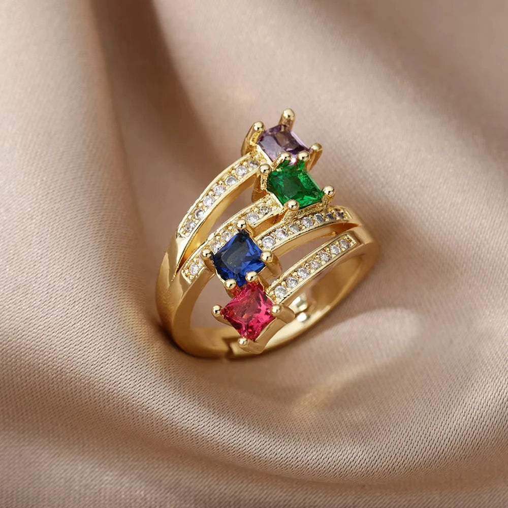 Anillos de acero inoxidable de lujo chapados en oro, piedra colorida, anillo de corazón de cristal de circón para mujer, joyería Bohemia de boda, regalo de Navidad