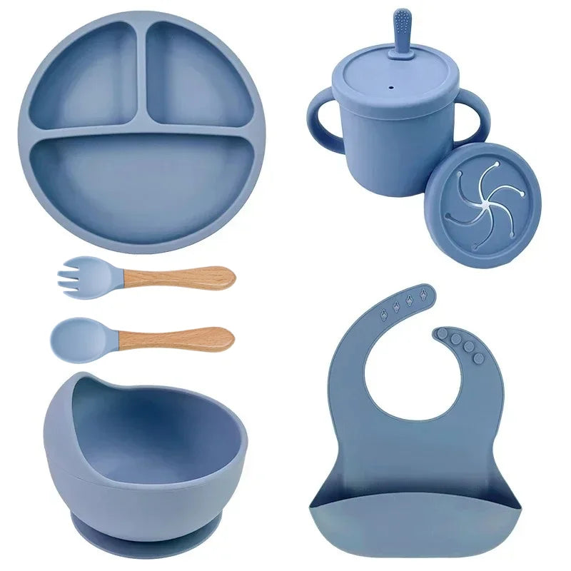 Juego de alimentación de bebé de silicona sin BPA, cuenco con ventosa, plato de comedor, taza de paja, cuchara, tenedores para niños, vajilla para bebés, platos para niños