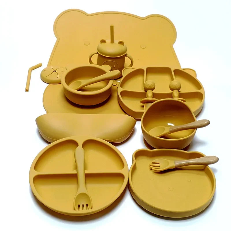 Juego de vajilla de silicona para niños, 16 piezas, taza de succión adicional, tazón, cuchara, madre y bebé