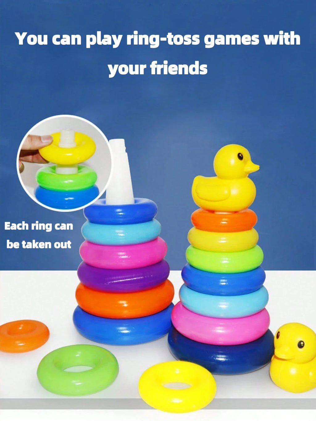 Pato amarillo Torre arcoíris círculo apilado juguete plástico arco iris círculo juguete círculo lanzamiento juguete juego interactivo regalos de cumpleaños