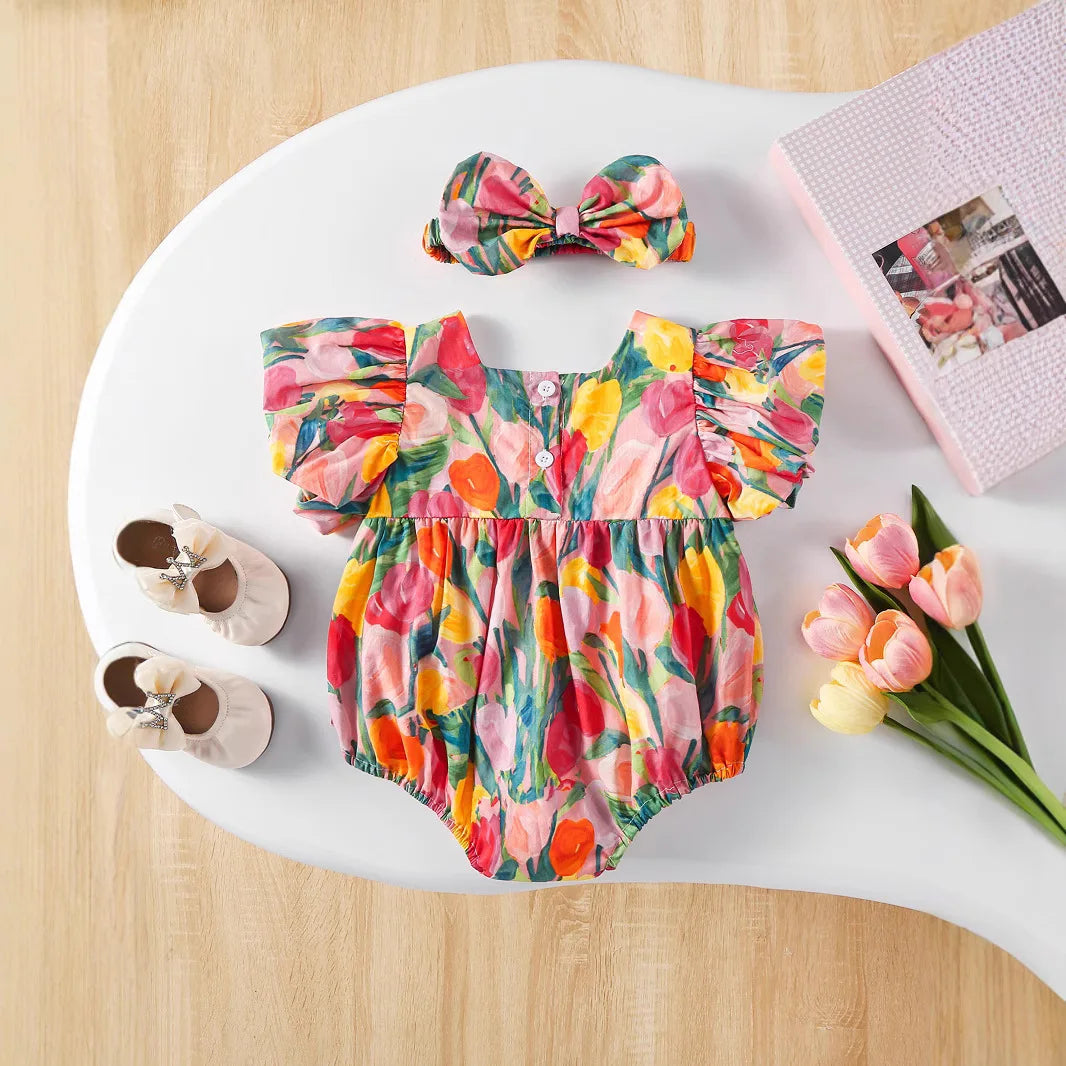 5294 Nueva ropa bonita para bebés 2025, novedad de verano, ropa de una pieza para niñas, ropa fina de algodón para escalar de princesa.