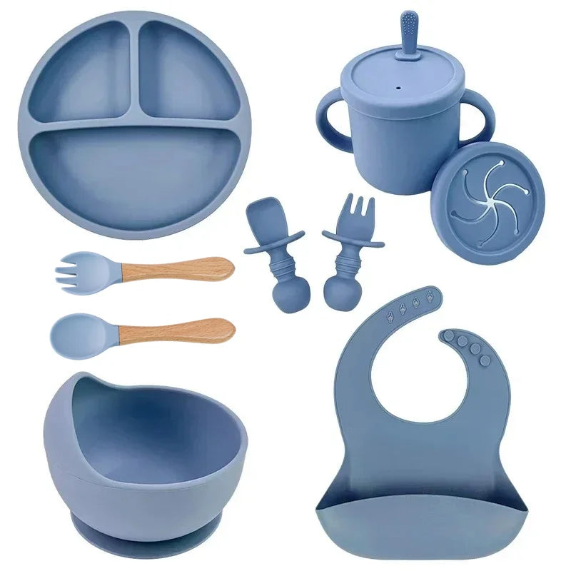 Juego de alimentación de bebé de silicona sin BPA, cuenco con ventosa, plato de comedor, taza de paja, cuchara, tenedores para niños, vajilla para bebés, platos para niños