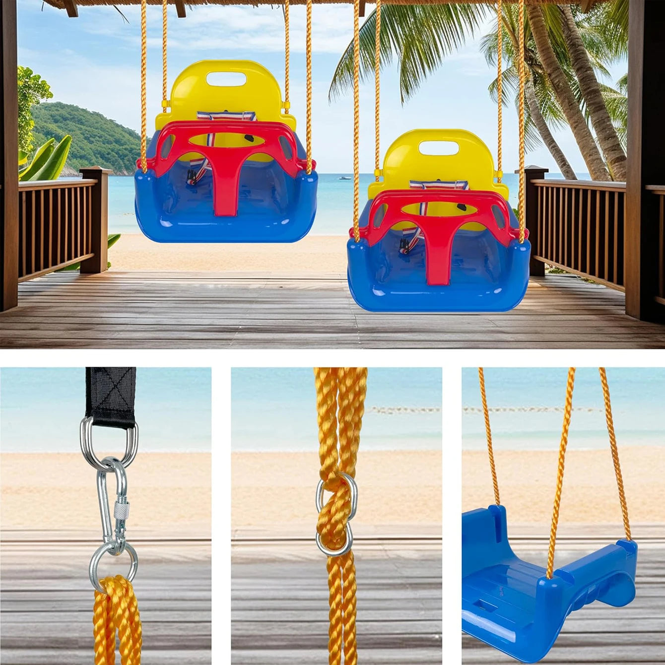 Asiento de columpio para bebé 3 en 1, columpio para niños pequeños, antideslizante y desmontable seguro para bebés y adolescentes, asiento de columpio para patio de juegos exterior
