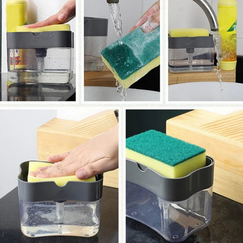 Dispensador de jabón portátil con prensa de detergente para cocina, paño limpio Pak, olla para lavar platos, herramienta de limpieza