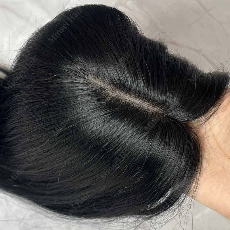 Extensiones de Cabello Humano Negro Jet con Base de PU Inyectado Tipo Piel de 7x11cm, Extensiones con Clip de Cabello Real, Se Pueden Calentar # 1 # 2 # 2C 14 pulgadas 35 cm