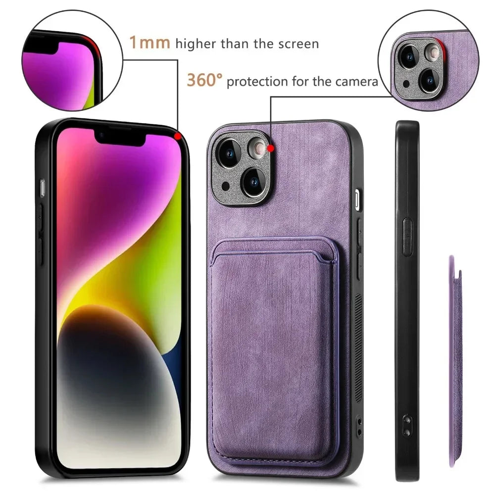 Funda de Cuero Vintage con Tarjetero Magnético Desmontable para iPhone 11 12 13 14 15 16 17 Pro Max Plus, Funda Protectora