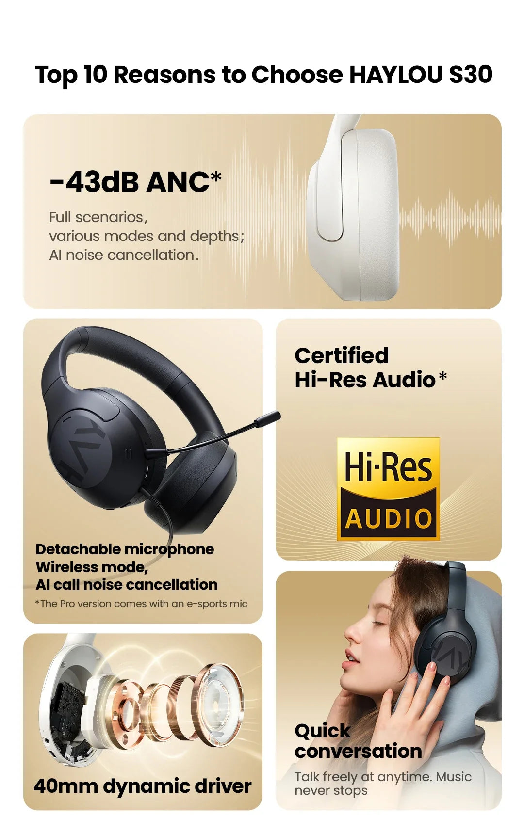 HAYLOU S30 ANC auriculares inalámbricos Bluetooth 5,4 auriculares de alta resolución 43dB auriculares adaptables con cancelación de ruido controlador de 40mm 80H