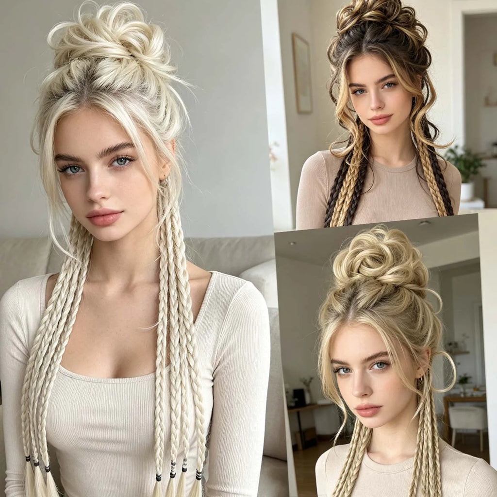 Postizo de Cabello Sintético para Moño Despeinado, Rubio y Castaño, Estilo Y2K, Trenza Desordenada y Rizada, Banda Elástica para el Cabello, Piezas de Cabello Falso para Mujer