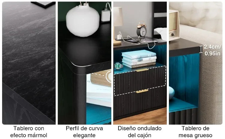Mesita de noche para dormitorio, sala de estar, mesita de noche LED regulable, cajón moderno, mesita de noche de madera, muebles