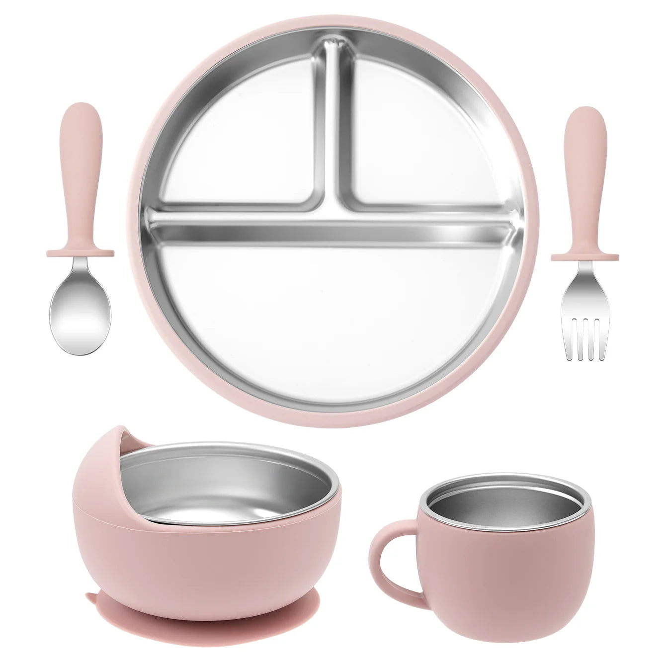 Juego de alimentación de bebé con plato de platos de acero inoxidable, cuenco con ventosa de silicona desmontable, sin BPA, tenedor infantil, cuchara, regalos, 5 uds.
