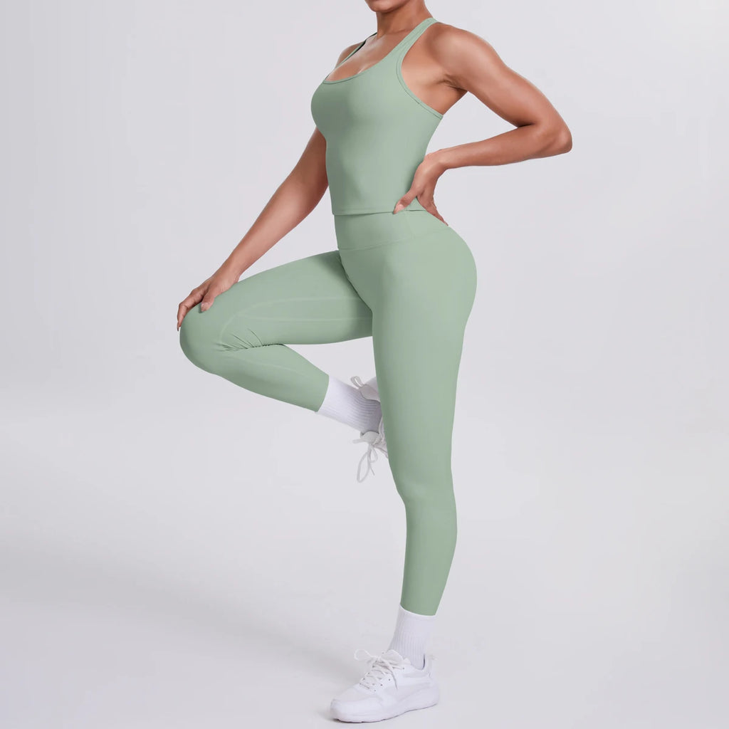 Hamidou - Conjunto de yoga de 2 piezas para mujer: leggings de fitness de secado rápido con efecto push-up y top deportivo con espalda en I de color liso.