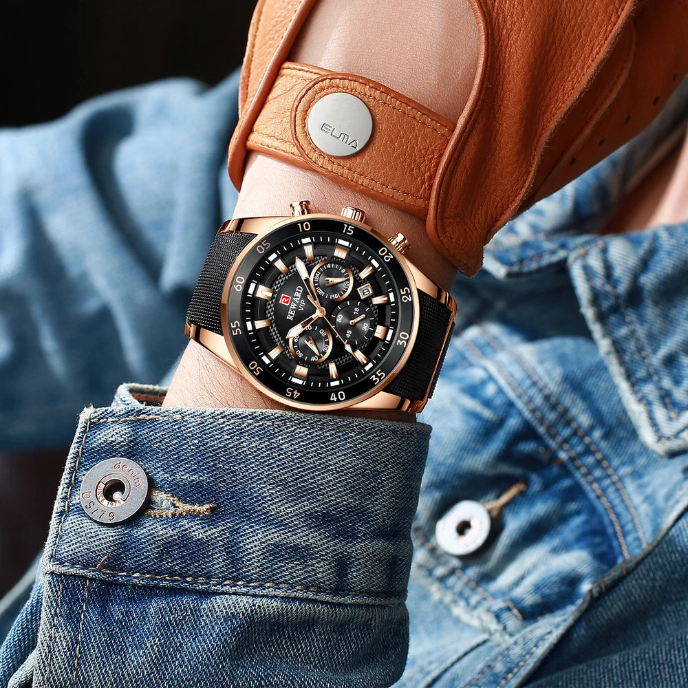 REWARD Relojes para hombre con esfera grande, marca de lujo, reloj deportivo resistente al agua, cronógrafo para hombre, reloj de cuarzo, relojes de pulsera con fecha automática