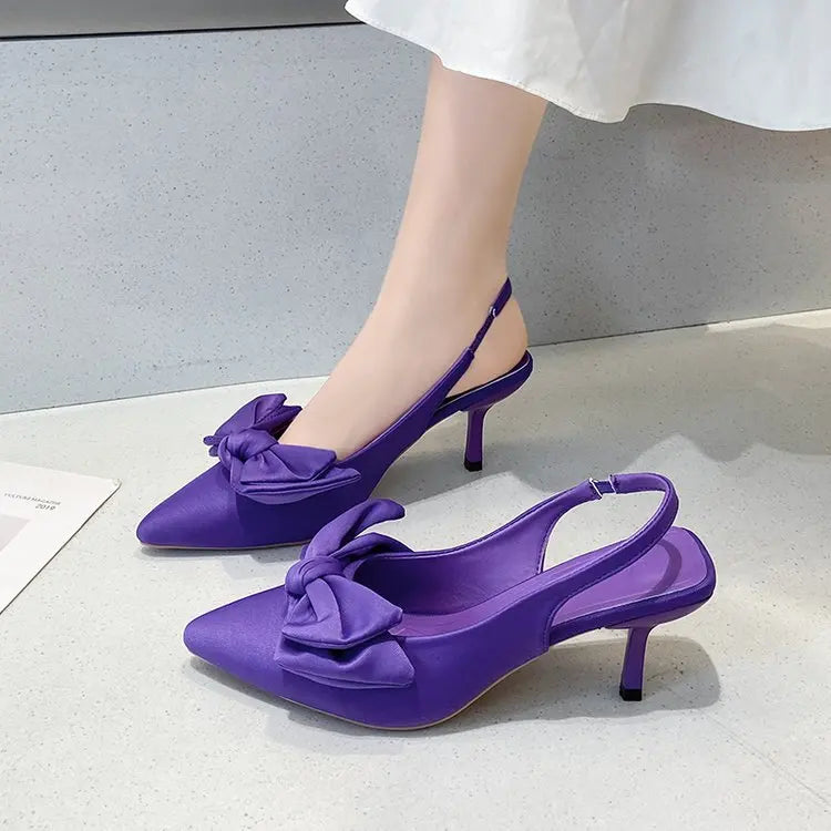 Zapatos cómodos para mujer, sandalias con tacones de aguja, pajarita, traje de verano para mujer, color morado, talla grande, nuevas niñas, puntiagudos bajos, altos, negros grandes