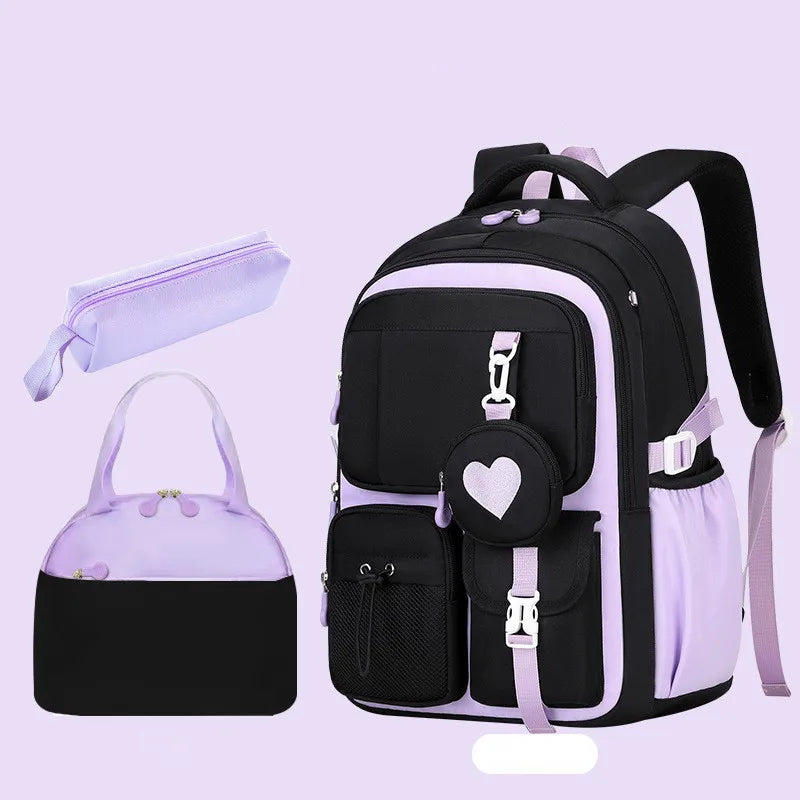Mochila escolar con estampado de amor, estuche para lápices, bolsa de almuerzo, juego de tres piezas, tela de nailon impermeable, mochila de moda para niños, niñas y adolescentes.