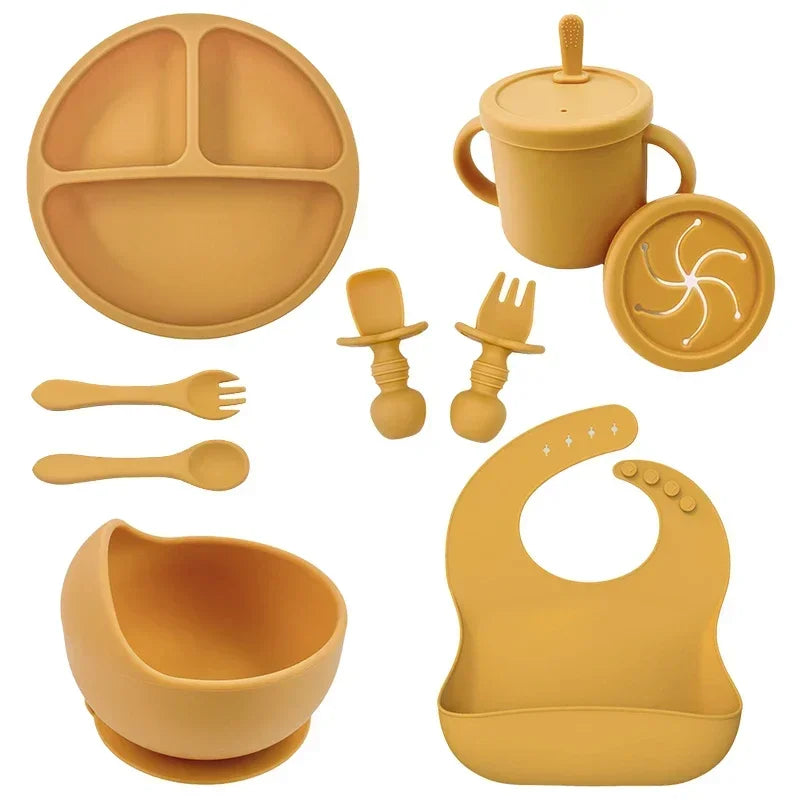 Juego de alimentación de bebé de silicona sin BPA, cuenco con ventosa, plato de comedor, taza de paja, cuchara, tenedores para niños, vajilla para bebés, platos para niños