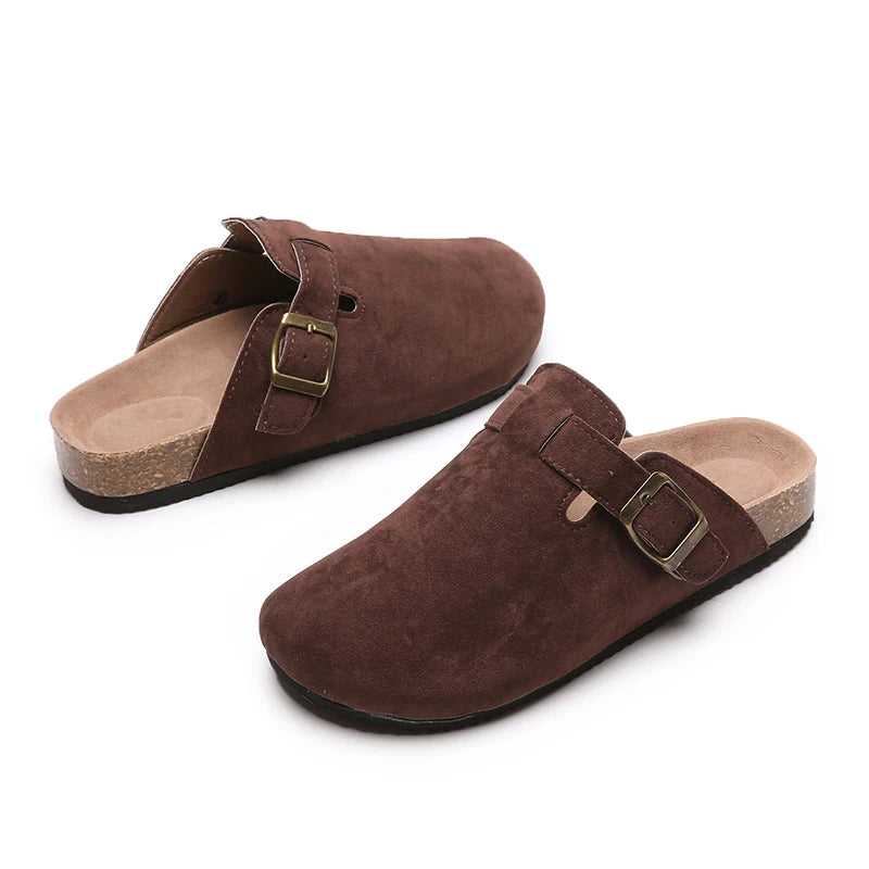 Sandalias de medio arrastre, zuecos para mujer, zapatillas de gamuza de corcho a la moda, zapatillas clásicas antideslizantes de corcho para exteriores con arco