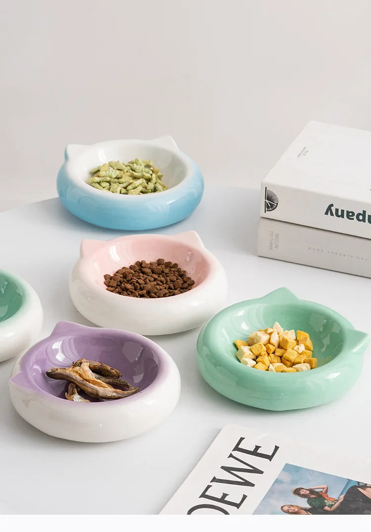 Cuenco de comida con forma de oreja de gato de fondo plano de cerámica creativo, plato de comedor, suministros antisuciedad para mascotas, cuenco para beber