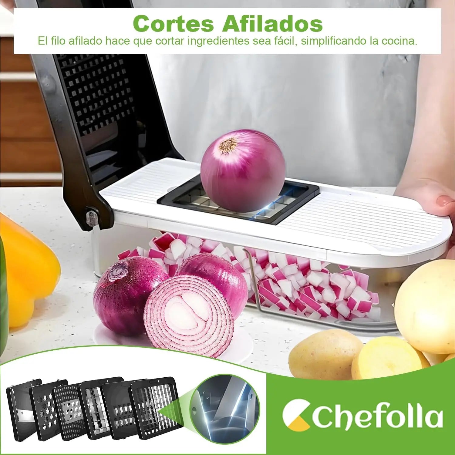 Picador de Verduras Multifuncional, Cortador de Cocina 6 en 1 con Cuchillas de Acero Inoxidable, para Frutas, Verduras y Ensaladas
