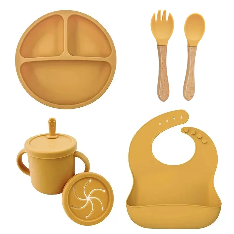 Juego de alimentación de bebé de silicona sin BPA, cuenco con ventosa, plato de comedor, taza de paja, cuchara, tenedores para niños, vajilla para bebés, platos para niños