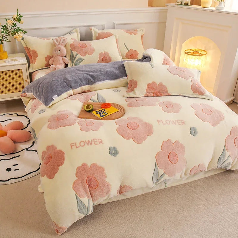 Funda nórdica de lana gruesa y cálida de franela Coral para invierno, juego de cama de terciopelo de doble cara, funda de edredón individual doble Queen King Size