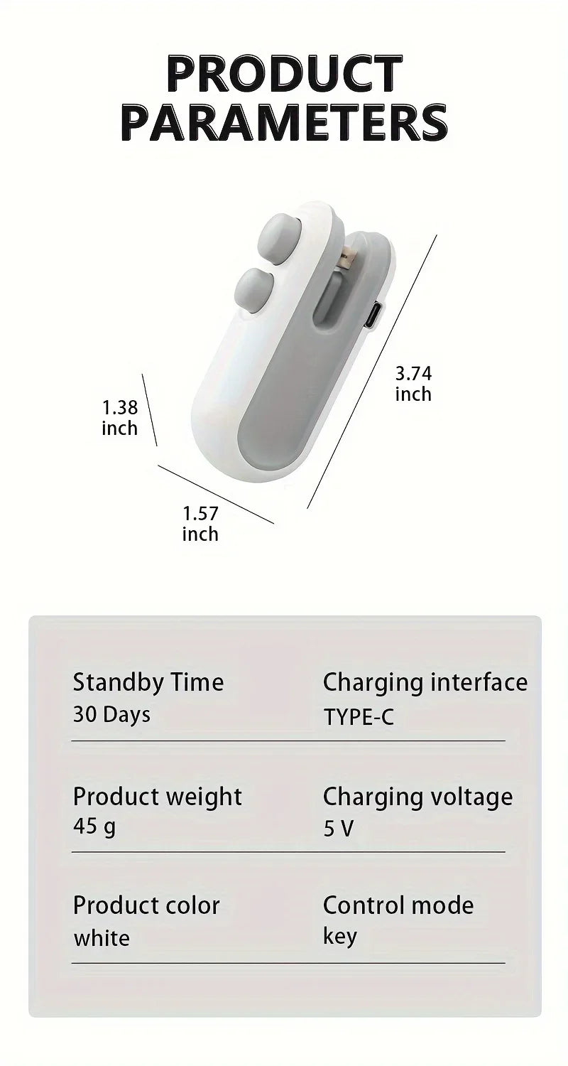 Mini máquina de sellado de bolsas de aperitivos, carga USB con cortador de chips, bolsa de plástico, dispositivo de almacenamiento de alimentos frescos