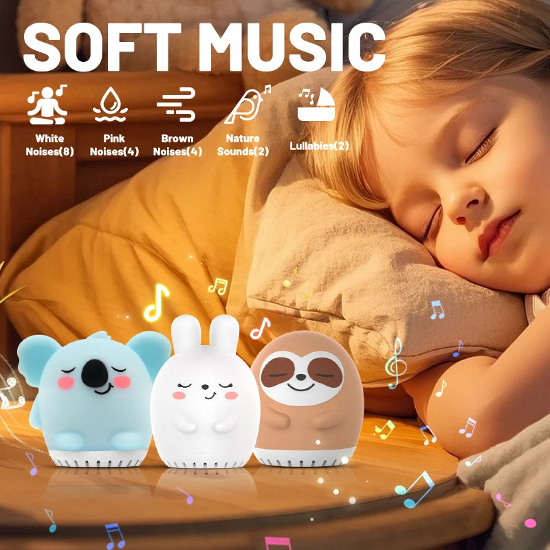 Mini máquina de ruido blanco de conejo bonito, luz LED nocturna, 20 música calmante para bebés, ayuda para dormir, lámpara de palmas de silicona para niños y niños