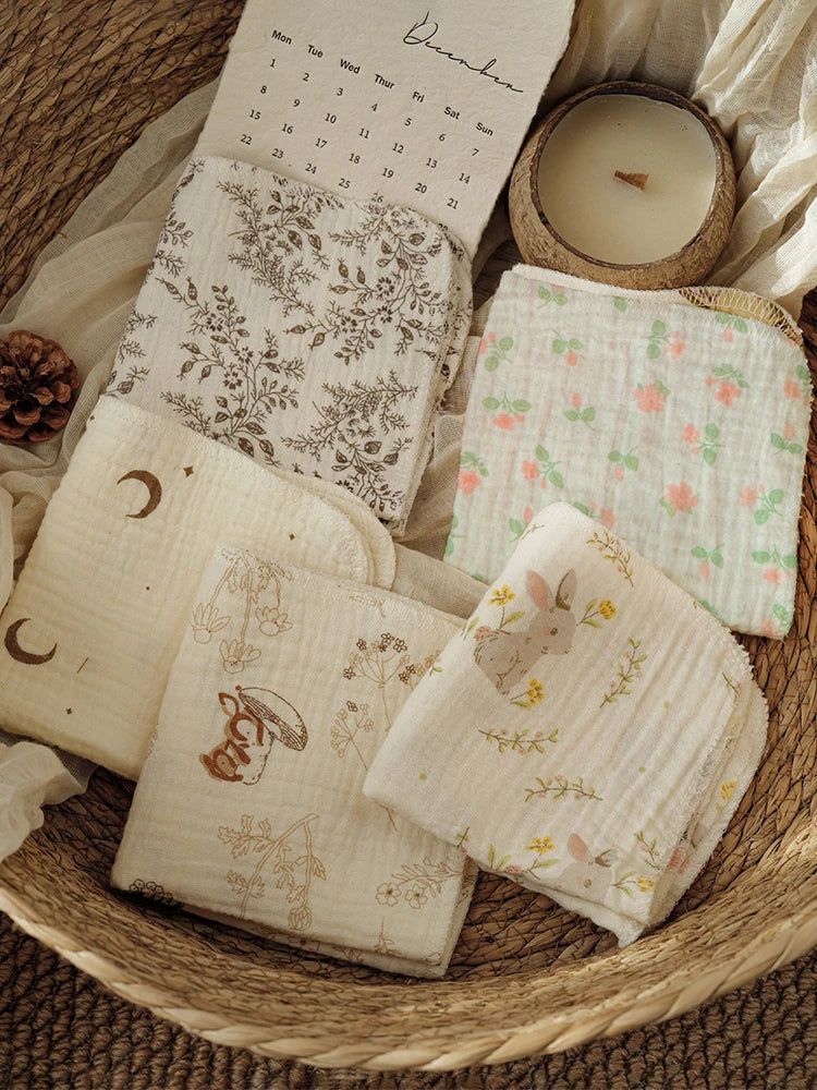 Paquete de 5 toallas cuadradas de gasa crepé para bebé, baberos bordados con dibujos florales, transpirables y que no sofocan, toallas faciales para bebé, pañuelos de lactancia, paquete combinado multicolor, toallitas fac